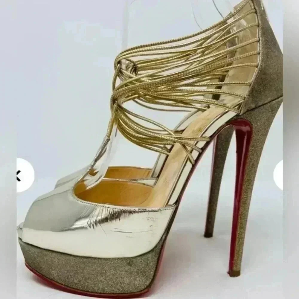 Christian Louboutin Lady Peep Gold Glitter Platform Heels Women’s EU 36